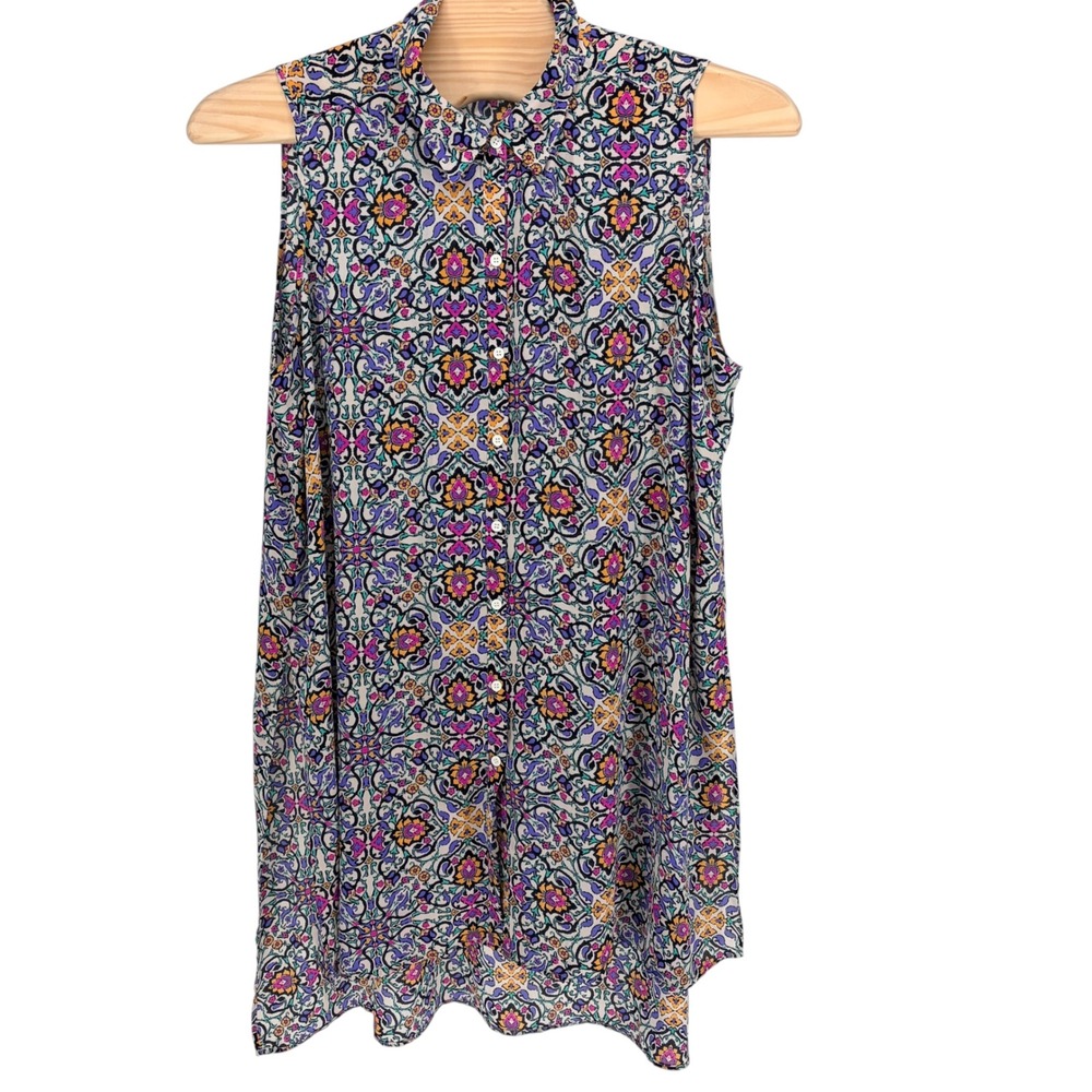 Spense Woman Blouse 2X Purple Kaleidoscope Sleeveless Button Down High Low Hem